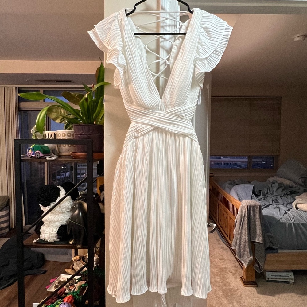 Lulus Captivating Delight White Plisse Satin Lace-Up Mini Dress